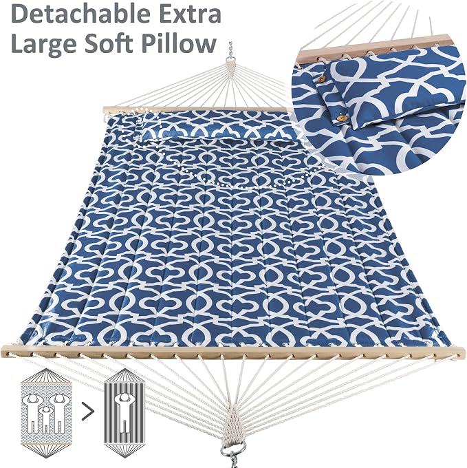 SUNCREAT Two Person Hammock with Stand, 475 lbs Capacity, Portable Patio Hammock with Hardwood Spreader Bar, Large Soft Pillow, Blue Pattern - Image 4