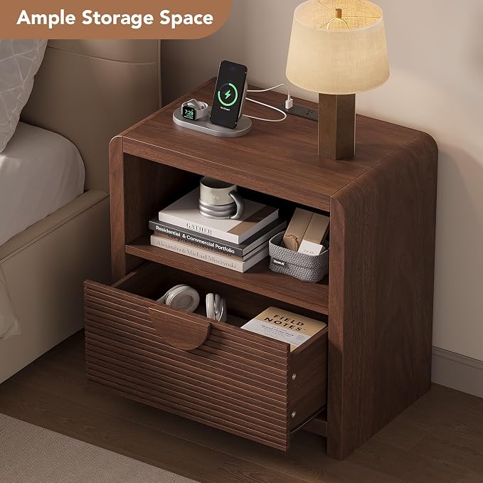 23" Wide Fluted Nightstands Set of 2 with Charging Station, Wood Bedside Tables with Drawer and Open Compartment, Mid Century End Tables for Bedroom, Home Office, Walnut - Image 4