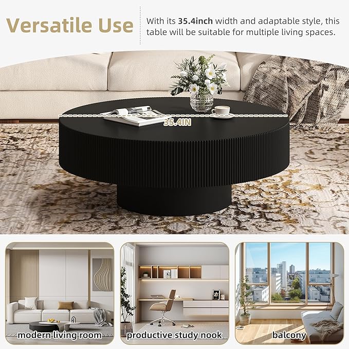 Merax Modern 35.4 Inch Round Large Coffee Table with Sturdy Base, Wood Center Table with 6.8" Thick Tabletop for Living Room Reception Room, Easy Assemble, Black
