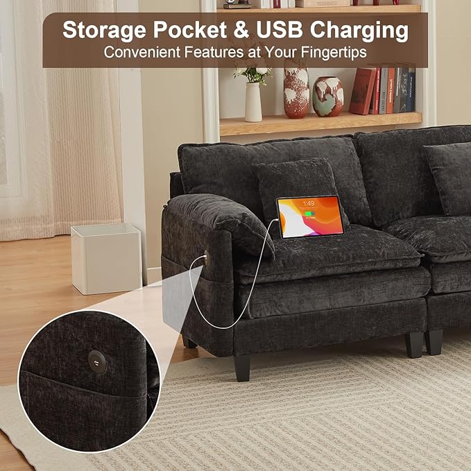 Modular Sectional Sofa, 108” Comfy Cloud Couch with Movable Ottoman | Charging Station | Side Pocket | Throw Pillow, Modern L-Shaped Couches for Living Room, Chenille, Classic Black