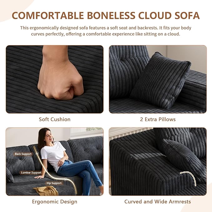 Ball & Cast 106" Cloud Modular Sectional Sofa, Boneless Corduroy Couch with Deep Seat, Comfy L-Shaped Sectional, Modern Upholstered Sofa for Living Room, No Assembly (Gray, Left Facing Chaise)