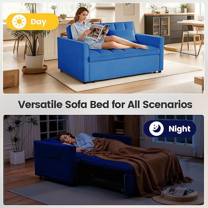 3 in 1 Convertible Sofa Bed, Love Seat Sleeper Bed with Side Pockets, Velvet Fabric Pull Out Couch with Adjustable Backrest for Living Room, Bedroom, Apartment, Blue