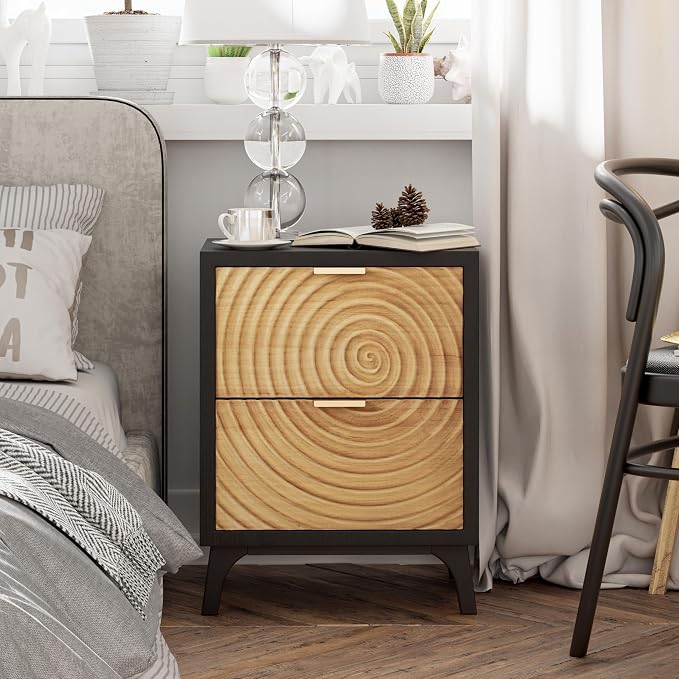 COZAYH 2-Drawer Farmhouse Nightstand with Handcrafted Wood Ring Motif, Black Nightstand for Bedroom, Fully-Assembled, Morden Rustic - Image 5