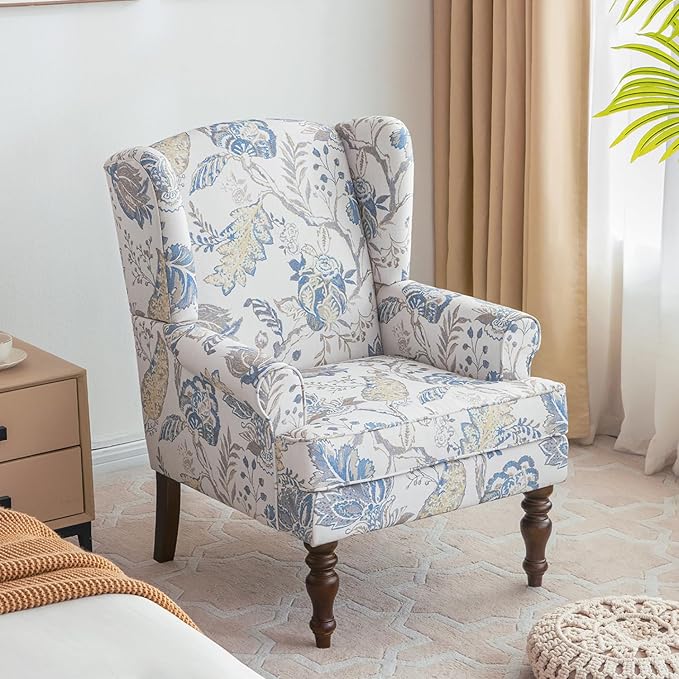 HUIMO Printed Wingback Accent Chair, Linen Upholstered High Back Armchair, Comfy Reading Chair for Living Room Bedroom Study, 300lbs Weight Capacity (1, Blue Floral)