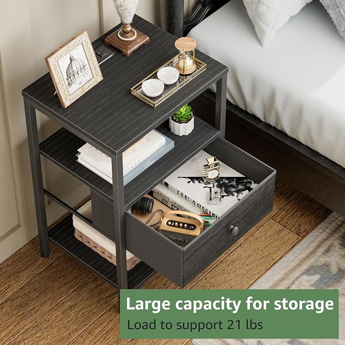 BOLUO Black Nightstand with Charging Station, LED Night Stand with Fabric Drawers and Shelf, Bedside Table with USB Ports and Outlets, Bedroom Nightstand Modern - Image 5