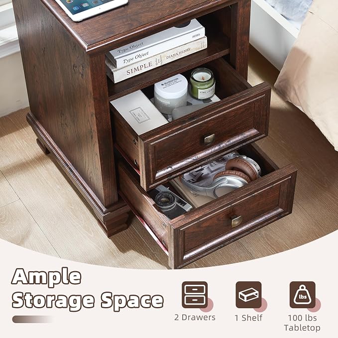 SAVOR LIFE Farmhouse Nightstand Set of 2 with Charging Station, Rustic Brown Nightstand, 2 Drawers End Table, Bedside Table with Open Shelf for Bedroom, Walnut - Image 6