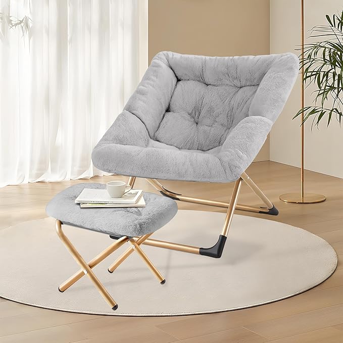 Youtanic Comfy Oversized Saucer Chair with Ottoman,Soft Faux Fur Reading Lounge Chair for Adults,Stable X-Large Metal Frame and Non-Slip Pad,Cozy Chair for Bedroom, Living Room, Dorm, Light Gray
