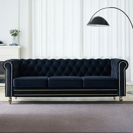 KEIKI 85" Chesterfield Velvet Tufted Button Sofa with Deep Seat Cushions and Rolled Arms, Modern Style 3-Seater Couch Decorated with Gold Strip, Easy Assembly, for Living Room, Bedroom, Office, Black