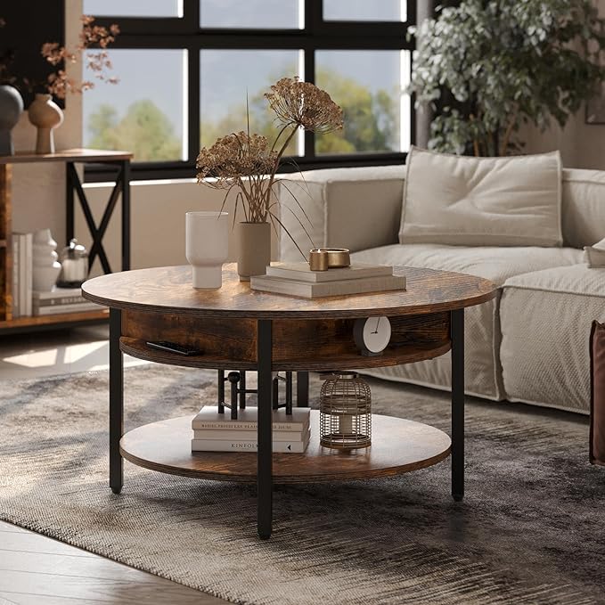 FABATO Round Lift Top Coffee Table with Storage and Hidden Compartment, 26.77'' Farmhouse Coffee Table for Living Room Reception Room, 2 Tier Small Round Coffee Table Circle Dining Table, Rustic Brown