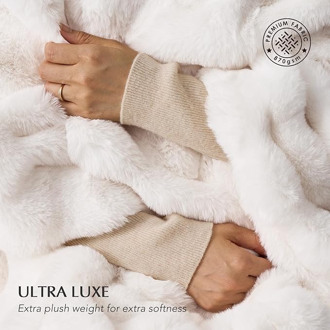EverGrace Ultra Soft Luxury Fluffy Faux Rabbit Fur Throw Blanket, Thick Warm Bubble Throw for Bed, Cozy Plush Reversible Blankets for Couch, Chair, Sofa, Ivory White, 50x60 Inches