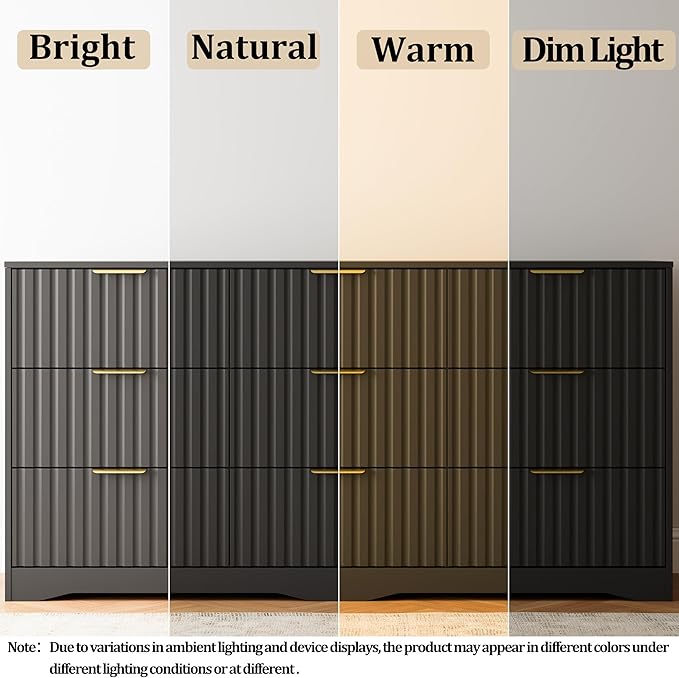 9 Drawer Dresser and Nightstand Sets for Bedroom, Modern Fluted 3 Pcs Bedroom Dresser Furniture Sets, Wood Chest of Drawers and Nightstand Set of 2 with Metal Handles, Black