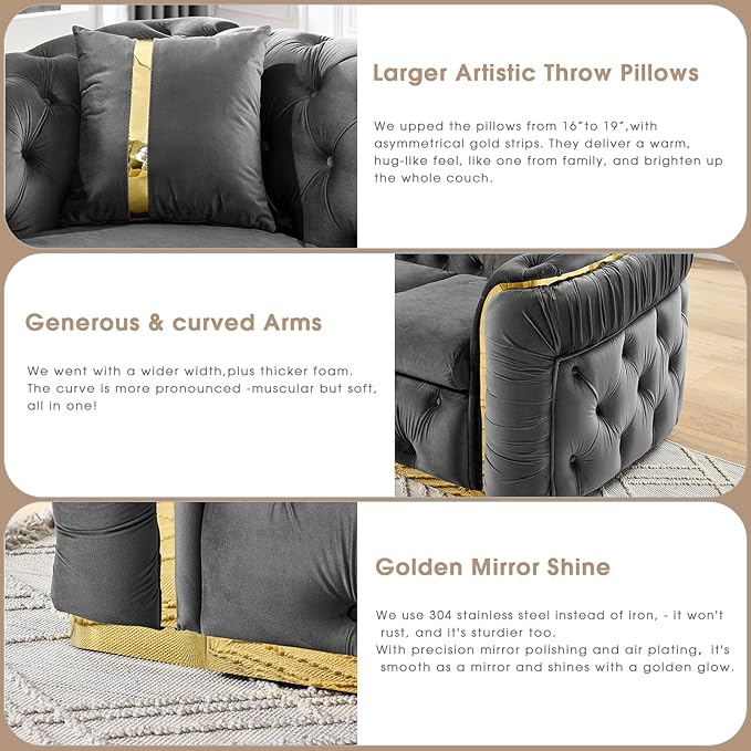 KEIKI 2-Piece Luxury Chesterfield Sofa Set with 2 Oversized Velvet 3-Seater Sofa, Upholstered Modern 6-Seater Button Tufted Couch Set with 4 Pillow, Gold Stainless Decoration, for Living Room, Gray