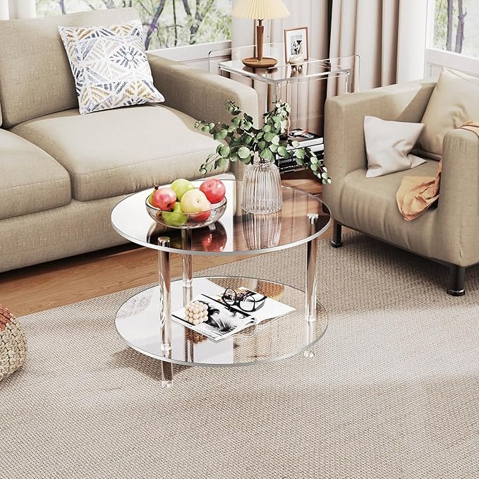 Acrylic Coffee Table, Small Round Modern Coffee Table for Living Room,23.6" D x 23.6" W x 16.5" H