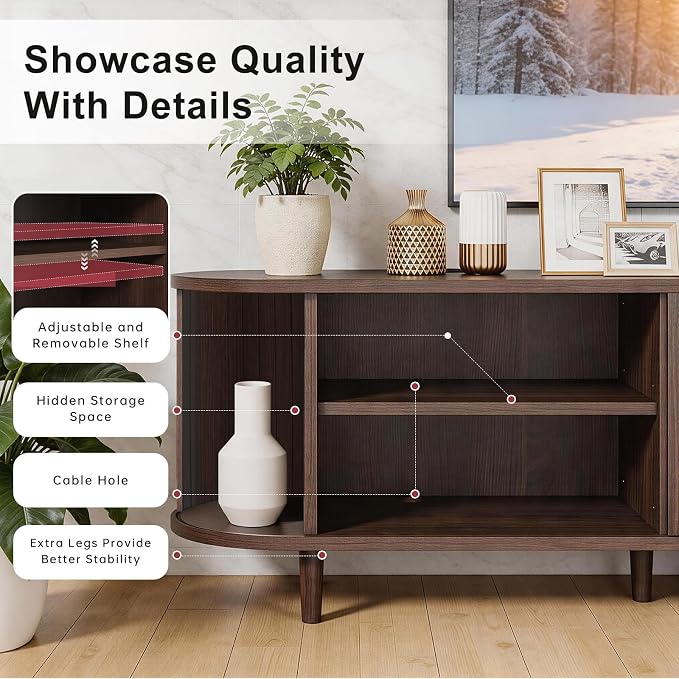 70" Mid Century Modern TV Stand, Wood TV Consoles with Sliding Doors and Power Outlet, Entertainment Center with Adjustable Shelves, Fluted TV Stands for Living Room, Walnut - Image 6