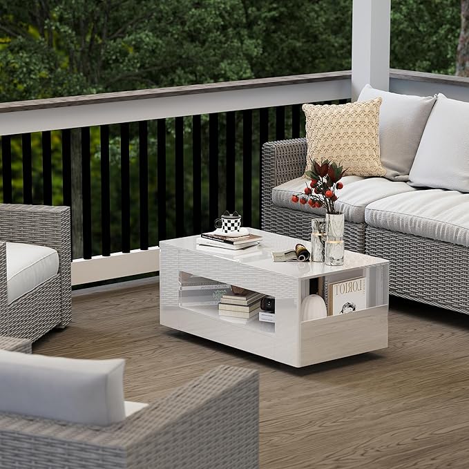 Glossy Coffee Table with Open Shelf Storage - High Gloss Modern Cocktail Table for Living Room, Bedroom, Office