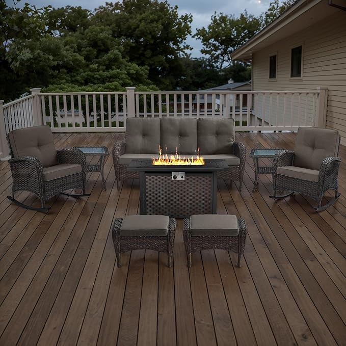 Belord Patio Furniture Set with Fire Pit Table - 8 Piece Outdoor Wicker Furniture Set with 43" 50000 BTU Propane Fire Pit and Rocking Chairs Patio Conversation Set for Deck Outside Backyard Grey