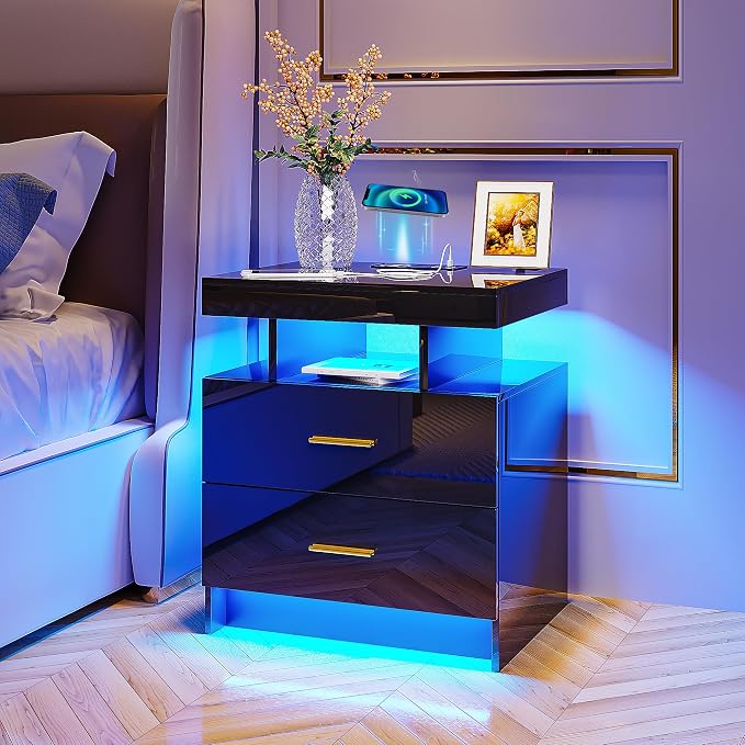 HNEBC Auto LED Nightstand with Wireless Charging Station & USB Ports,High Gloss Bedside Tables with 2 Drawers,Floating Nightstand with 3 Color & Adjustable Brightness for Bedroom,Black by HNEBC
