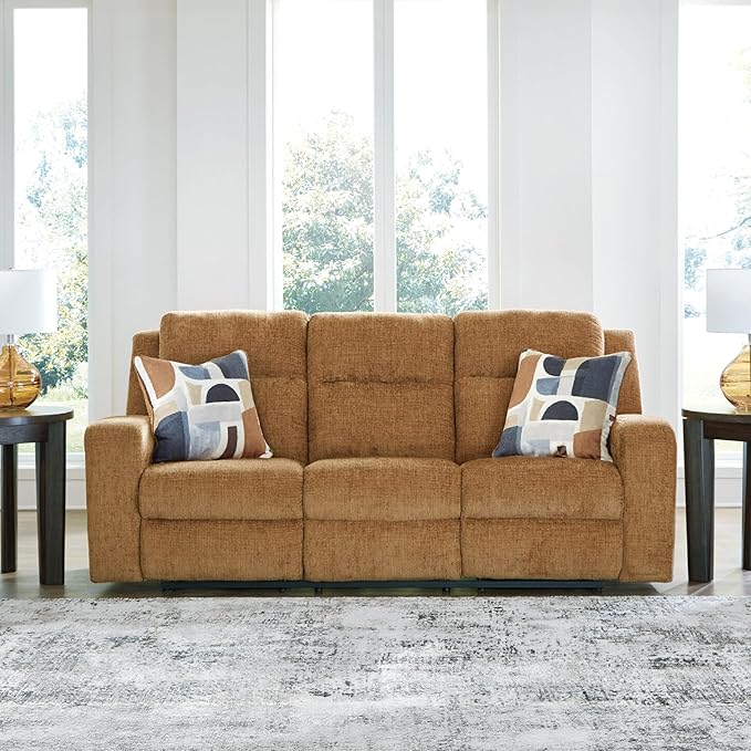 Signature Design by Ashley Kanlow Contemporary Manual Reclining Sofa with 2 Accent Pillows, Light Brown