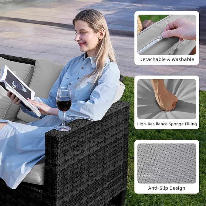 UDPATIO Patio Furniture Set, 5 Pieces Outdoor Conversation Sets with Rocking Swivel Chairs, Wicker Rattan Outdoor Sofa Set with Storage Table and Waterproof Covers for Backyard, Deck, Light Grey