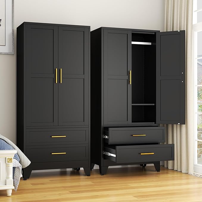 Ckzbx 71" H Metal Armoire Wardrobe Closet with 2 Drawers, Adjustable Shelve, Clothes Drying Pole, Steel Wardrobe Cabinet for Bedroom (Black)