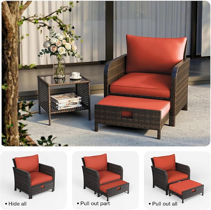 LEVELEVE Patio Conversation Set 5 Piece, Balcony Furniture Outdoor PE Rattan Wicker Lounge Chairs with Soft Cushions, 2 Ottomans & Glass Table for Porch Lawn, Brown (Orange Red Cushions