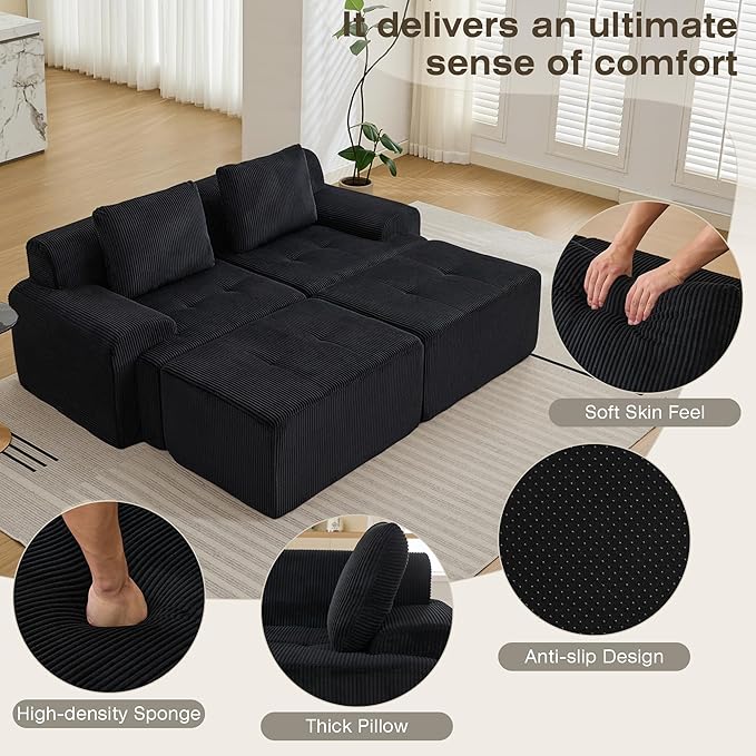 Boneless Couches for Living Room, Corduroy Couch, Modular Sectional Sofa, Big Comfy Couch, Modular Cloud Sofa with Deep Seat, Sofa Bed (Black, 4 Pieces-Bedshape)
