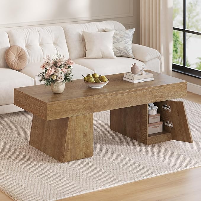 47 Inches Coffee Table with Storage, Wood Mid Century Modern Center Table with Hidden Drawer & Cabinet, Rectangle Coffee Tables for Living Room, Rustic Low Cocktail Tea Furniture Oak
