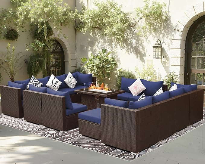 BULEXYARD 15 Piece Highback Wicker Patio Furniture Sets with Firepit, All-Weather Heavy Duty Outdoor Conversation Set Modular, Extra Deep Wide 14-Seats Sectional Couch Sofa for Backyard, Brown & Blue