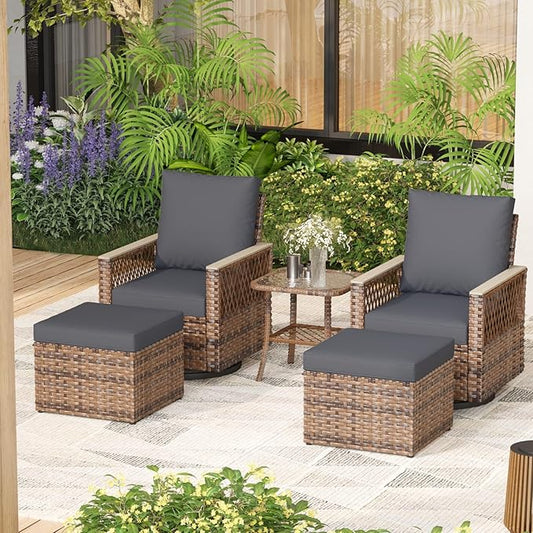 MELLCOM 5 Pieces Patio Furniture Set, Outdoor Swivel Glide Chairs with Ottomans and Side Table, All-Weather Patio Bistro Set with Water-Resistant Cushions and High Back for Garden, Backyard