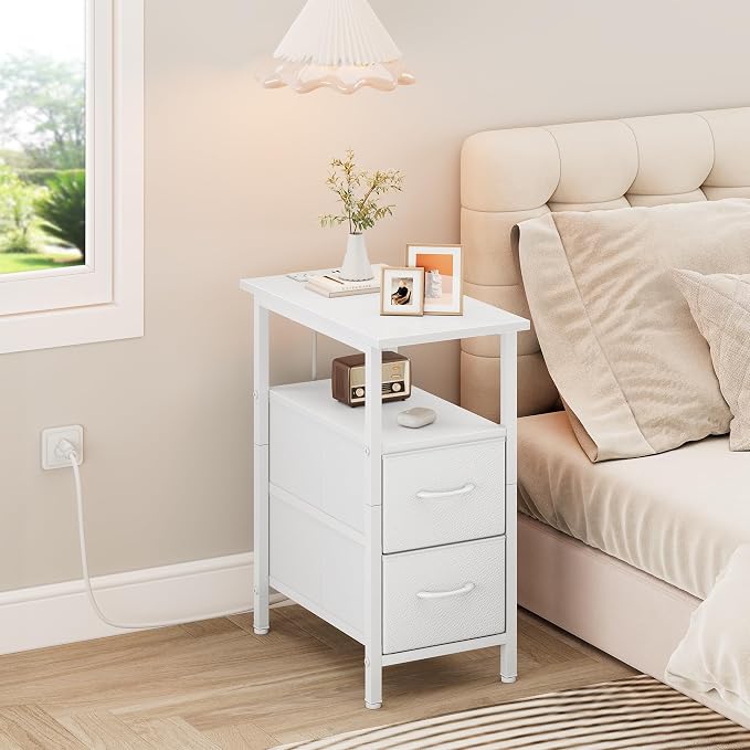 Vagusicc End Table with Charging Station Set of 2, Narrow Side Table, 23.8'' Tall Nightstand with 2 Drawers, Small Sofa Side Table Narrow Nightstand for Small Spaces, Living Room, Bedroom, White - Image 7