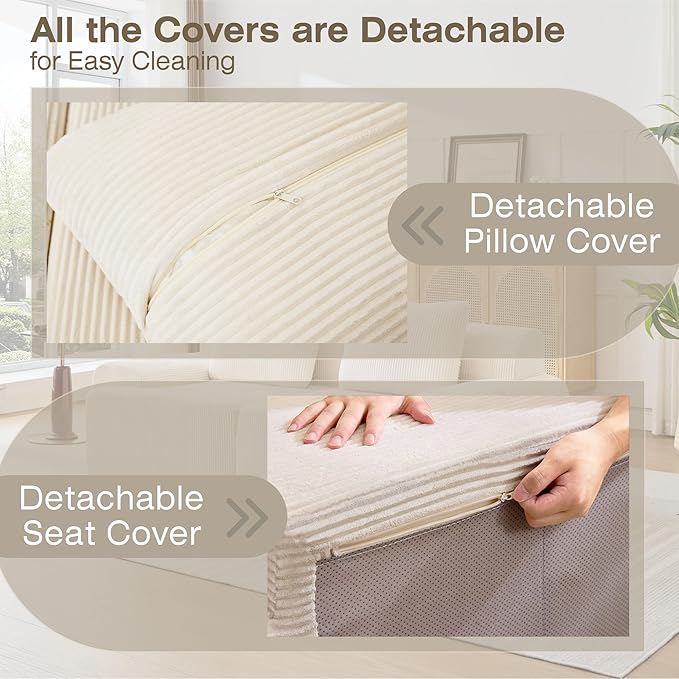 Modular Sectional Sofa, Boneless Couches for Living Room, Corduroy Couch, Big Comfy Couch, Modular Cloud Sofa with Deep Seat (White, 2 Pieces-Loveseat)