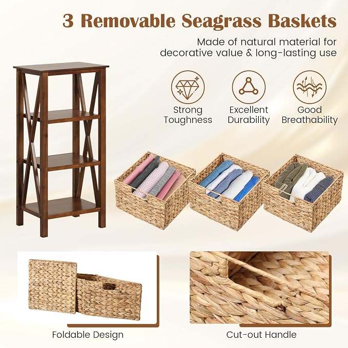 Giantex 3-Tier Nightstand with 3 Wicker Baskets, Wooden X-Design Side Table End Table, Beside Table with Acacia Wood Legs, Mid Century Accent Storage Cabinet for Small Spaces, Bedroom, Walnut - Image 5