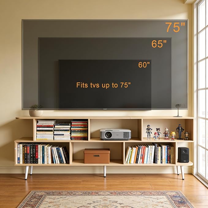 Lightdot 65" TV Stand Fits TVs Up to 75 Inch, Modern Entertainment Center with Power Outlet & Open Storage Shelves, Sofa Cabinet Media Console, Easy Assembly TV Table for Living Room,Bedroom,Walnut - Image 4