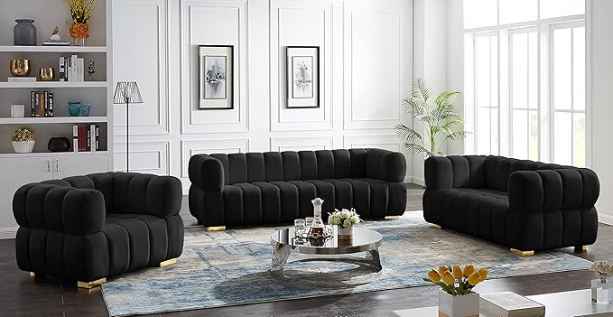 Meridian Furniture 670Black-L Gwen Collection Modern | Contemporary Velvet Upholstered Loveseat with Deep Biscuit Tufting