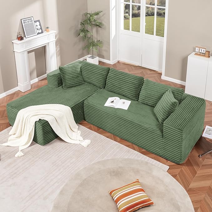 LUCKLIFE Modular Sectional Couch with L-Shape Chaise,Corduroy Upholstery Boneless Couches for Living Room,Oversized Sleeper Sofa,No Assembly Required (Green, L Shape with Left Facing Chaise)