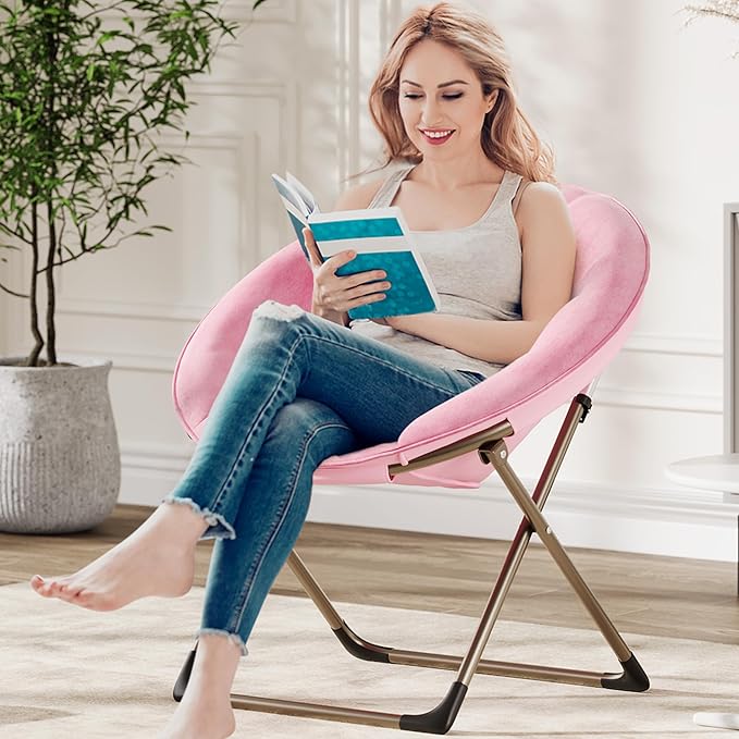 GAOMON Saucer Chair, Comfy Chair Faux Fur Lounge Moon Chair with Folding Metal Frame, Oversized Plush Flower Accent Seat for Adults, Teens & Kids, for Teens, Bedroom, Dorm or Living Room, Pink