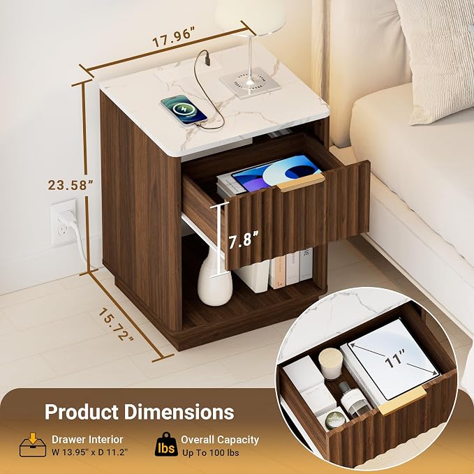 Fluted Nightstand, Night Stand Set 2, Walnut Nightstands Set of 2 with Charging Station and Faux Marble Top, Modern End Table with Drawer & Open Shelf, Bedside Table for Bedroom Living Room - Image 2