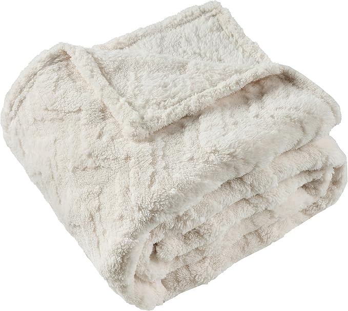 3 Layer Jacquard Throw Blanket - 50x70 Inch Soft Fleece with Wave Pattern, Beige Plush Cozy Blanket for Sofa, Couch, Bed & Chair, All Season Decorative Blanket for Living Room & Bedroom