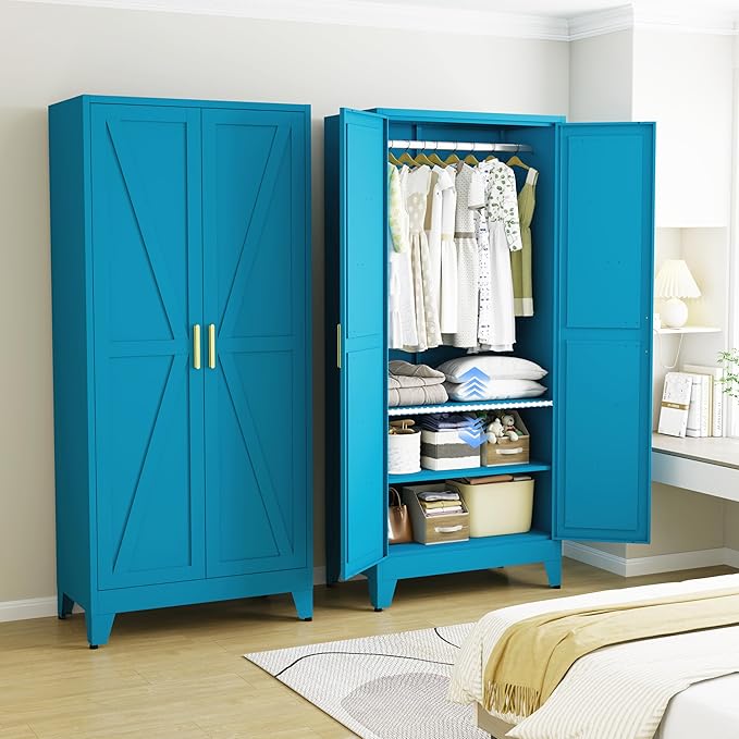 Metal Armoire Wardrobe Closet with Hanging Rod, 71'' Metal Wardrobe Cabinets with 2 Doors and Adjustable Shelves, Bedroom Armoires, Laundry Room Clothing Storage Cabinet, Office Wardrobes