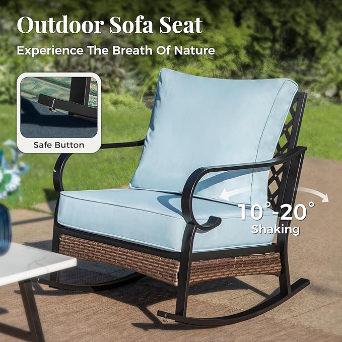 Patio Furniture Set with Coffee Table, Outdoor Conversation Set with 2 x Rocking Chairs, 1 x 3-Seat Sofa for Lawn Garden Backyard, Blue
