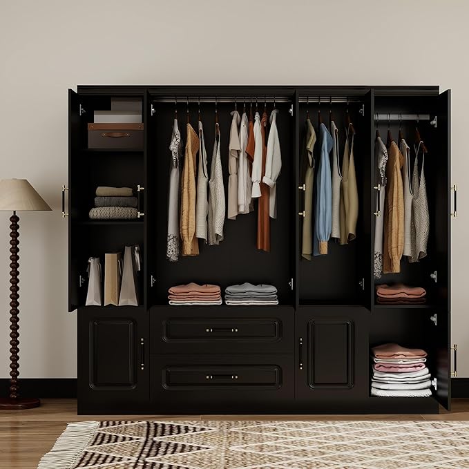 Armoire Wardrobe Closet with Mirror, Armoires and Wardrobes with 5 Doors, Large Wardrobe Closet with Hanging Rods, Wardrobe Armoire with 2 Drawers, Wardrobe Cabinet for Bedroom, Black
