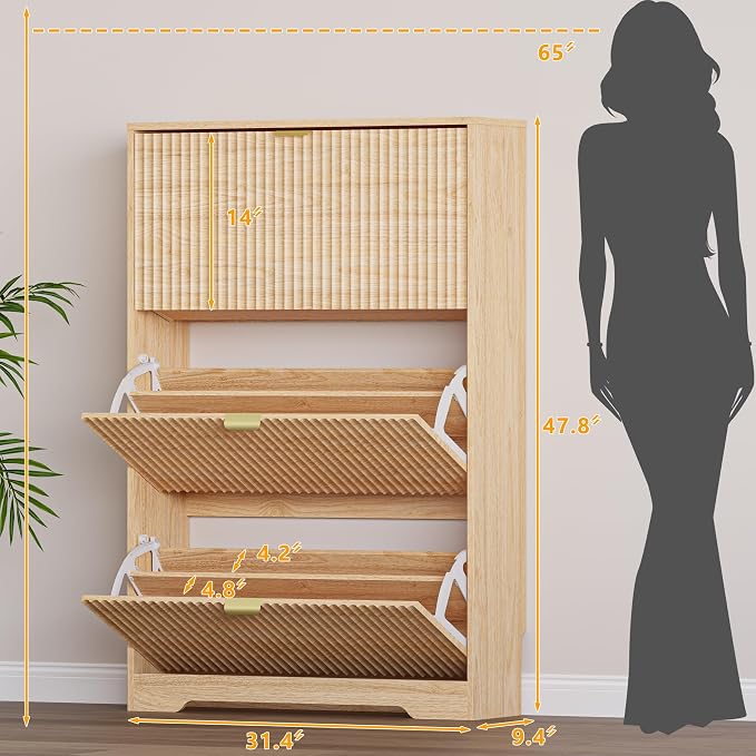 BORNOON Entryway Shoe Cabinet with 3 Flip Drawers, Narrow Shoe Organizer Cabinet with Fluted Panel and Adjustable Shelves for Foyer, Hallway - Image 2