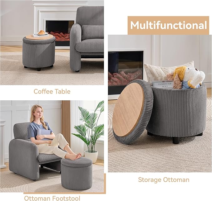 WUTUTUEE Corduroy Storage Ottoman with Flip-Top Tray, Modern Upholstered Ottoman Coffee Table, Dual Leg Options Ottoman Footrest for Living Room, Bedroom, Office, Grey