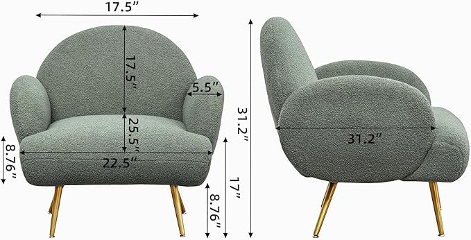 Accent Chair Green with Golden Metal Legs,Reading Chair for Bedroom Comfy, Boucle Sherpa Chair for Living Room, Bedroom