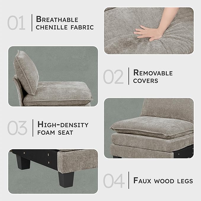 Lexicon Modular Sectional Sofa, Module for Sectional Couch, Armless Chair, Removable Cushion Cover, Soft Upholstery, Durable Frame, Customizable Comfort, Chenille Dark Pewter