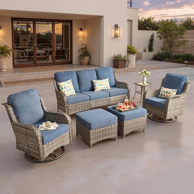 ovios 6-Piece Patio Furniture Set with Swivel Chairs Coffee Table, Outdoor Wicker Sofa with Comfy Cushions, High Back Couch Modern Conversation Sets, Grey/Denim Blue