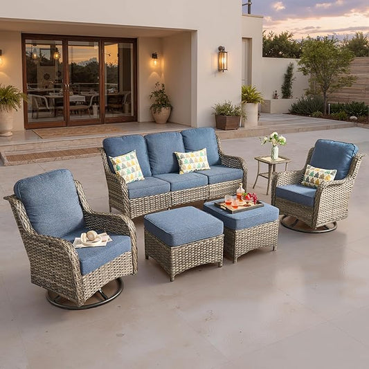 ovios 6-Piece Patio Furniture Set with Swivel Chairs Coffee Table, Outdoor Wicker Sofa with Comfy Cushions, High Back Couch Modern Conversation Sets, Grey/Denim Blue