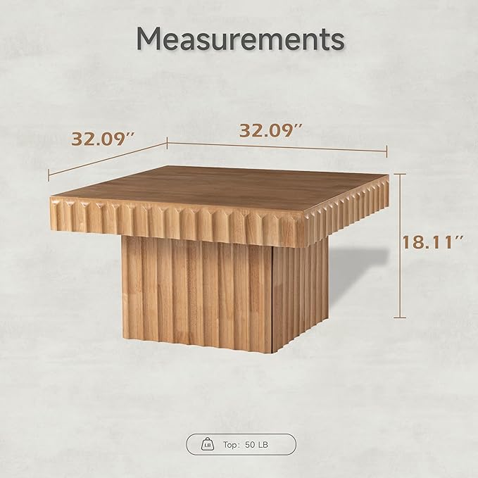 COZAYH Modern Square Fluted Wood Coffee Table with Natural Oak Finish, Geometric Accent Table Chunk Table for Living Room, Sturdy Rectangular Minimalist Centerpiece, Brown, Farmhouse