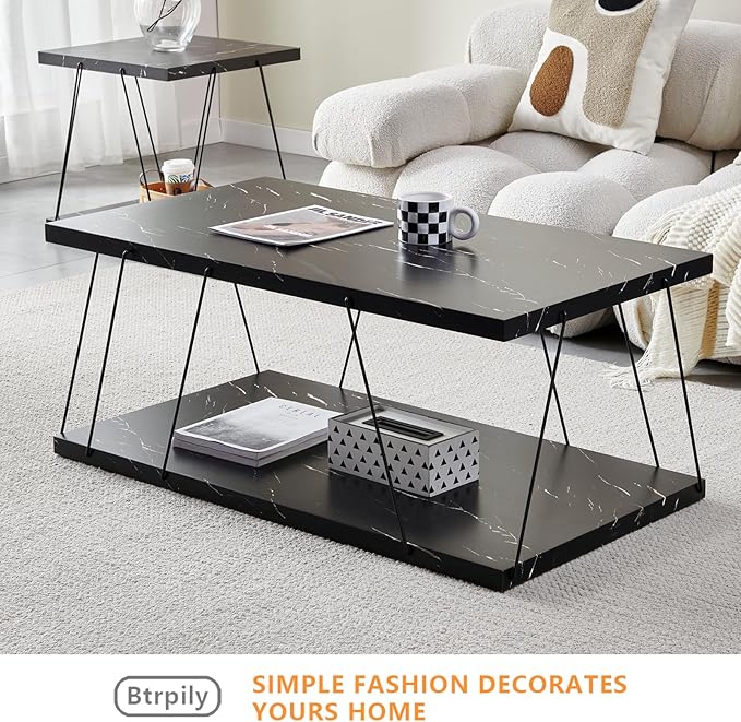 Btrpily Wooden Coffee Table - Modern Marble Coffee Table， Contemporary, Stylish, High-End Furnishing for Your Living Room (Black Marble, Rectangle)