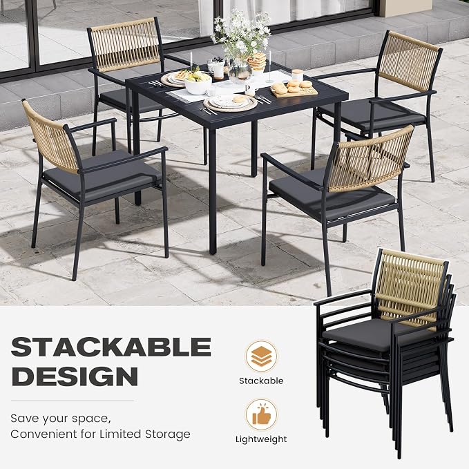 5-Piece Outdoor Dining Set for 4, Rectangle Expandable Table with Umbrella Hole, 4 Wicker Rattan Chairs with Soft Cushion,Patio Dining Set, Conversation Set for Backyard, Garden & Poolside, Black - Image 5